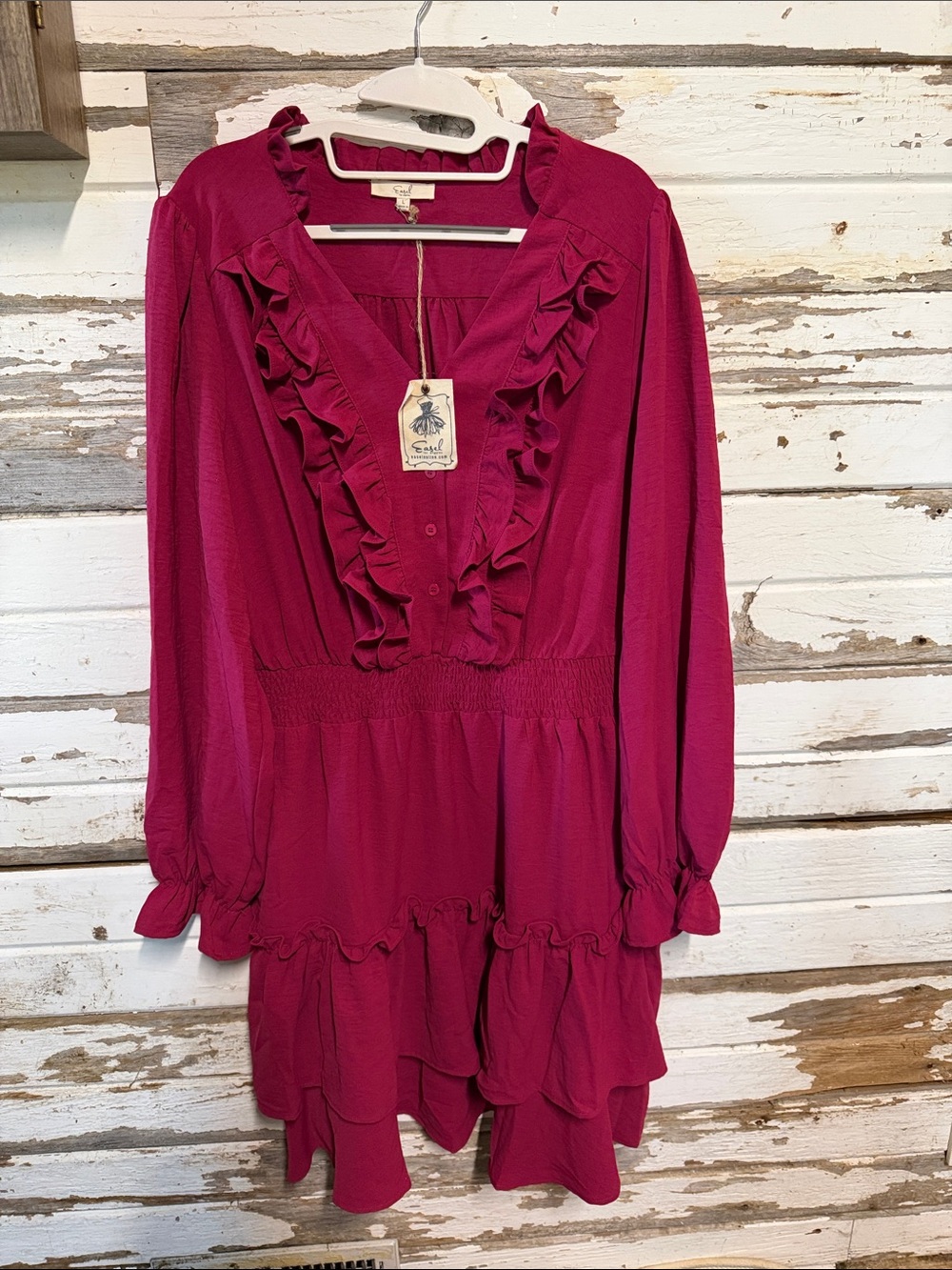 Boho Ruffle Long-Sleeve Dress in Magenta by Easel